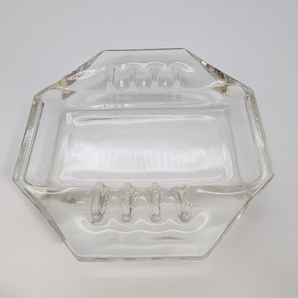 Vintage Safex Hexagon Ashtray Clear Glass Slotted Smooth MCM Americana Retro 5x5